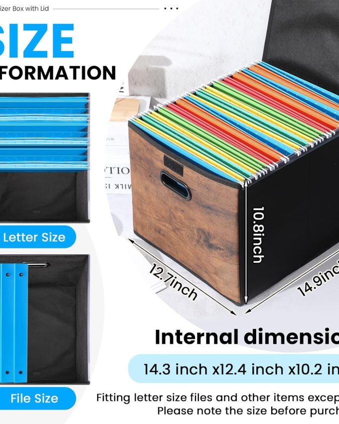 Decorative File Organizer Box with Wood Grain Pattern, Portable File Folder Box with Lid, Easy Slide, Durable Hanging, Collapsible, Polyester, for Letter Legal Storage, Office, Home, Wooden Decor