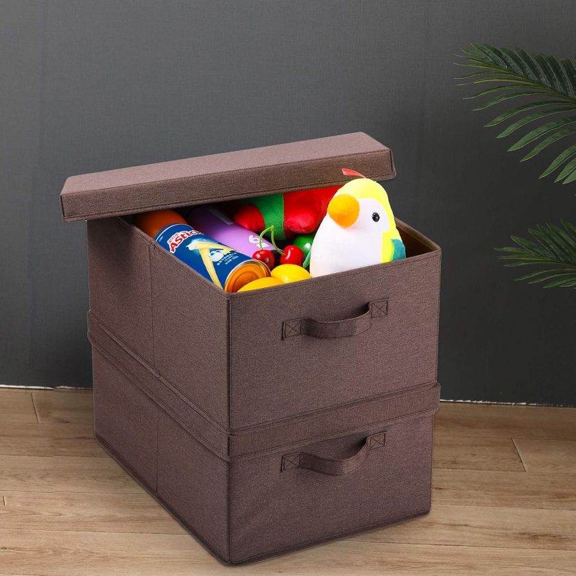 Linen Foldable Storage Bins with Lids, 2 Pack, Storage Boxes with Carrying Handles and Sturdy Heavy Cardboard, 16.5" L x 11.8" W x 7.5" H for Shoes, Clothes, Brown - Image 2
