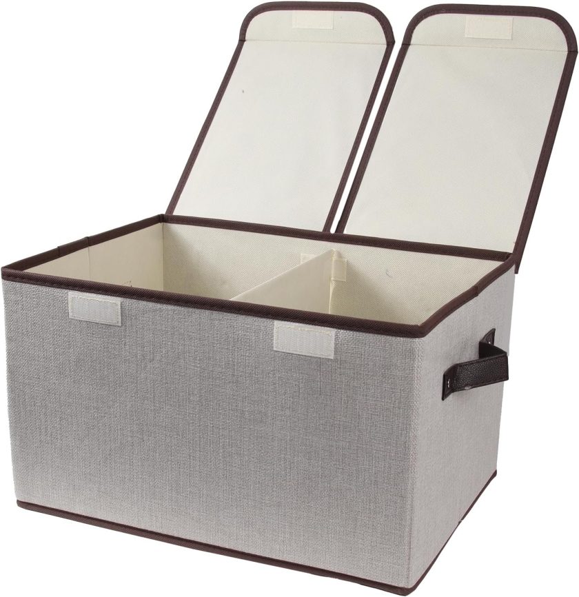 Foldable Fabric Storage Box with Double-Lid & Dividers, Large Organizer for Home, Closet, Office(Grey)