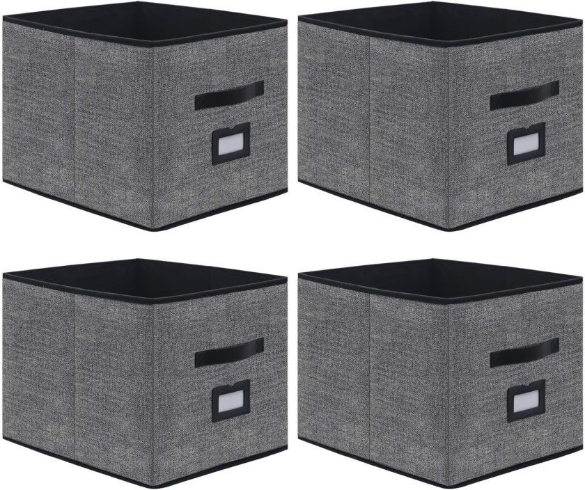 Extra Large Foldable Cloth Storage Cubes 4 Pack with Label Holders - Fabric Storage Bins Baskets Organizers for Home Office Nursery with Handles, 13 L x 15 W x 13 H Inch, Black,