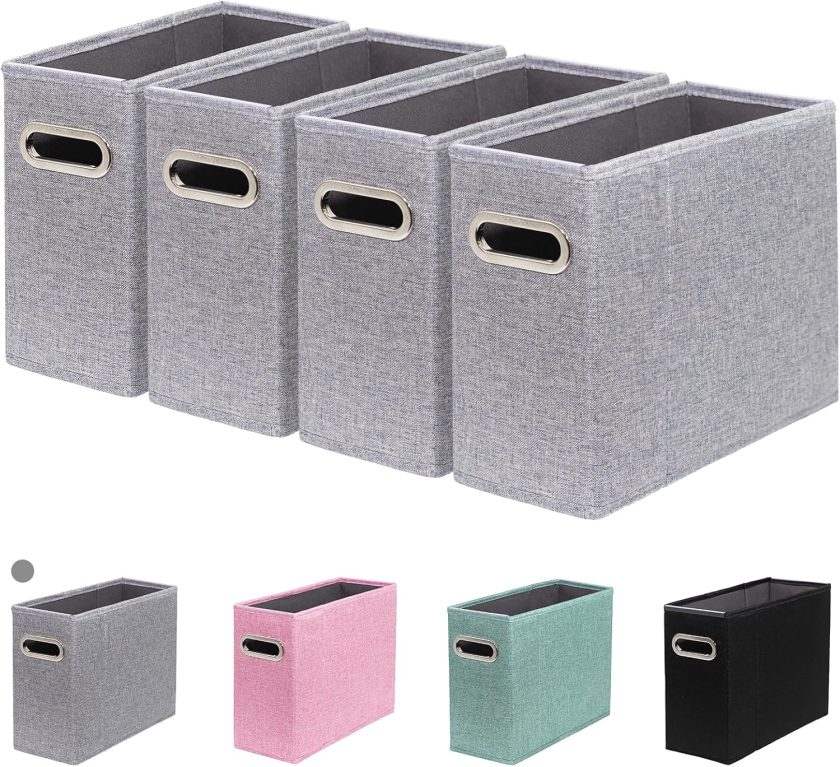 4 Packs Letter Size File Organizer, File Folders Organizer, Fabric Storage Box, Collapsible Paper Organizer with Metal Handle, Smooth PVC Rails, Only Box (Gray)