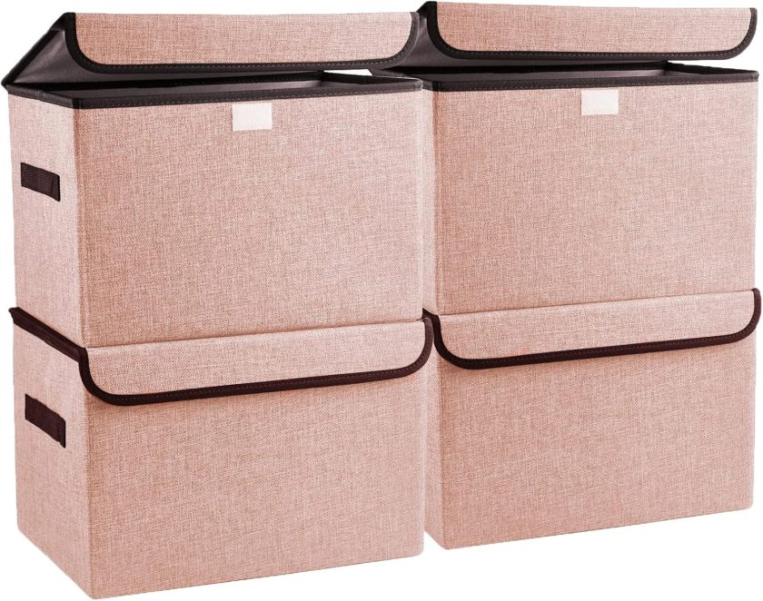Linen Fabric Foldable Storage Cube Bin Organizer Basket with Flip-Top Lid & Handles, Large Clothes Blanket Box for Home, Office, Closet, Pink, 4 Pack 14.6 x 9.5 x 9.5”