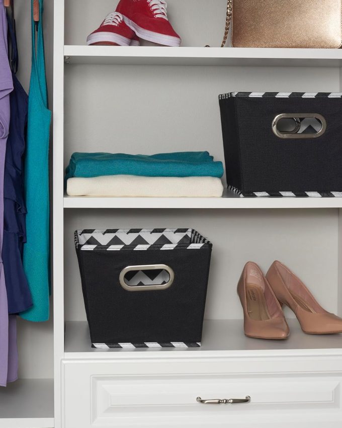 Fabric Storage Bins, Set of 2, Tapered Bins, PP Non-Woven Liner, Dual Grommet Handles, Folds for Compact Self-Storage, Attractive Chevron Print, Black