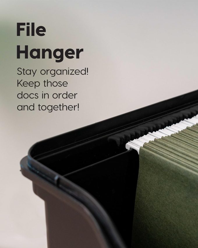 File Box with Lid File Organizer for Letter File w/ Organizer-Lid, Plastic Mobile Filing Organizer, Water Resistant Document Box, Portable File Box with Handle, Secure Buckle, Lockable, Black