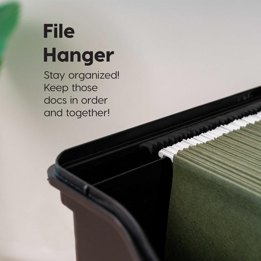 File Box with Lid File Organizer for Letter File w/ Organizer-Lid, Plastic Mobile Filing Organizer, Water Resistant Document Box, Portable File Box with Handle, Secure Buckle, Lockable, Black - Image 2
