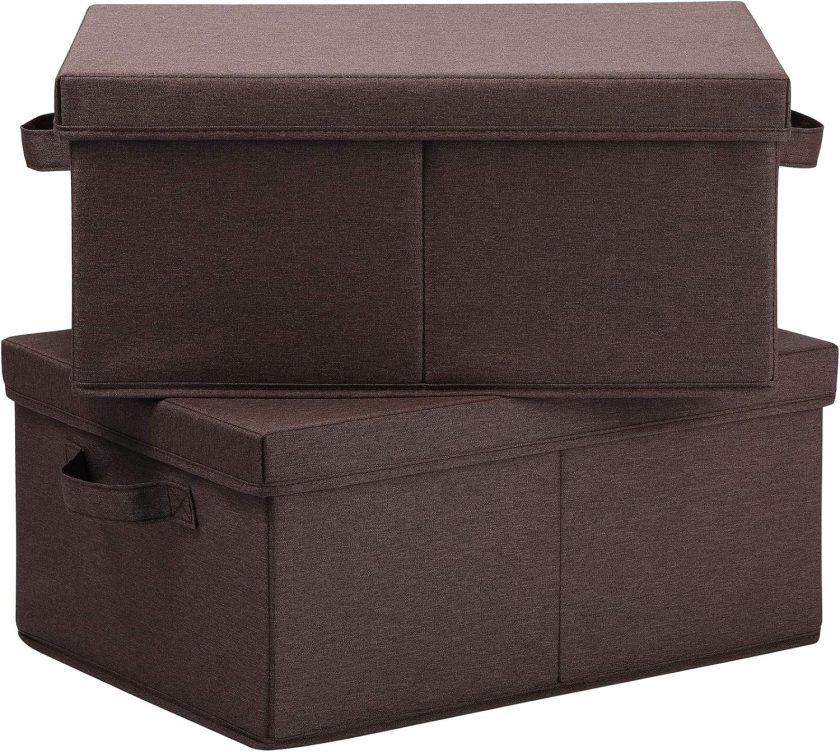 Linen Foldable Storage Bins with Lids, 2 Pack, Storage Boxes with Carrying Handles and Sturdy Heavy Cardboard, 16.5" L x 11.8" W x 7.5" H for Shoes, Clothes, Brown