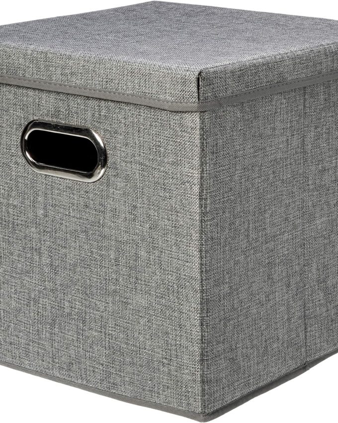 Foldable Burlap Cloth Cube Storage Bin with Lid, Stackable and Sturdy, Gray, Set of 2