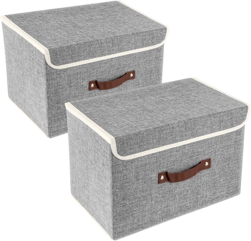 Collapsible Storage Boxes, Washable Fabric Storage Bins with Lids, 14.9x9.8x9.8 inches, 2 Pack, Gray