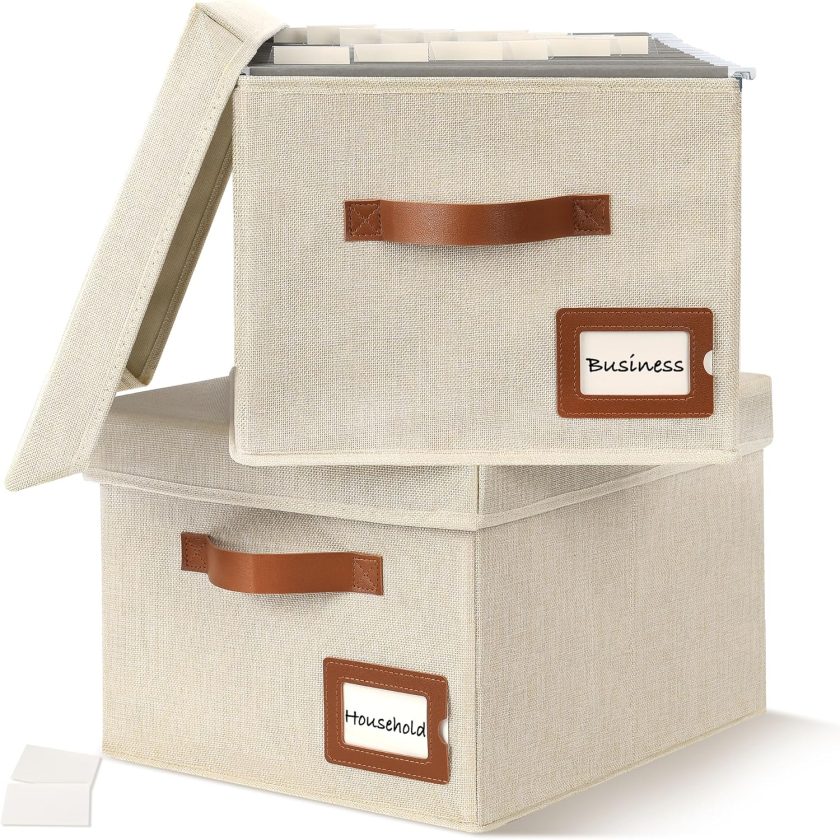 2-Pack File Organizer Box with Lid - Collapsible Hanging Linen Document Organizer Portable File Boxes, Lightweight & Portable Filing Box Crates with Handles & Extras, Ivory